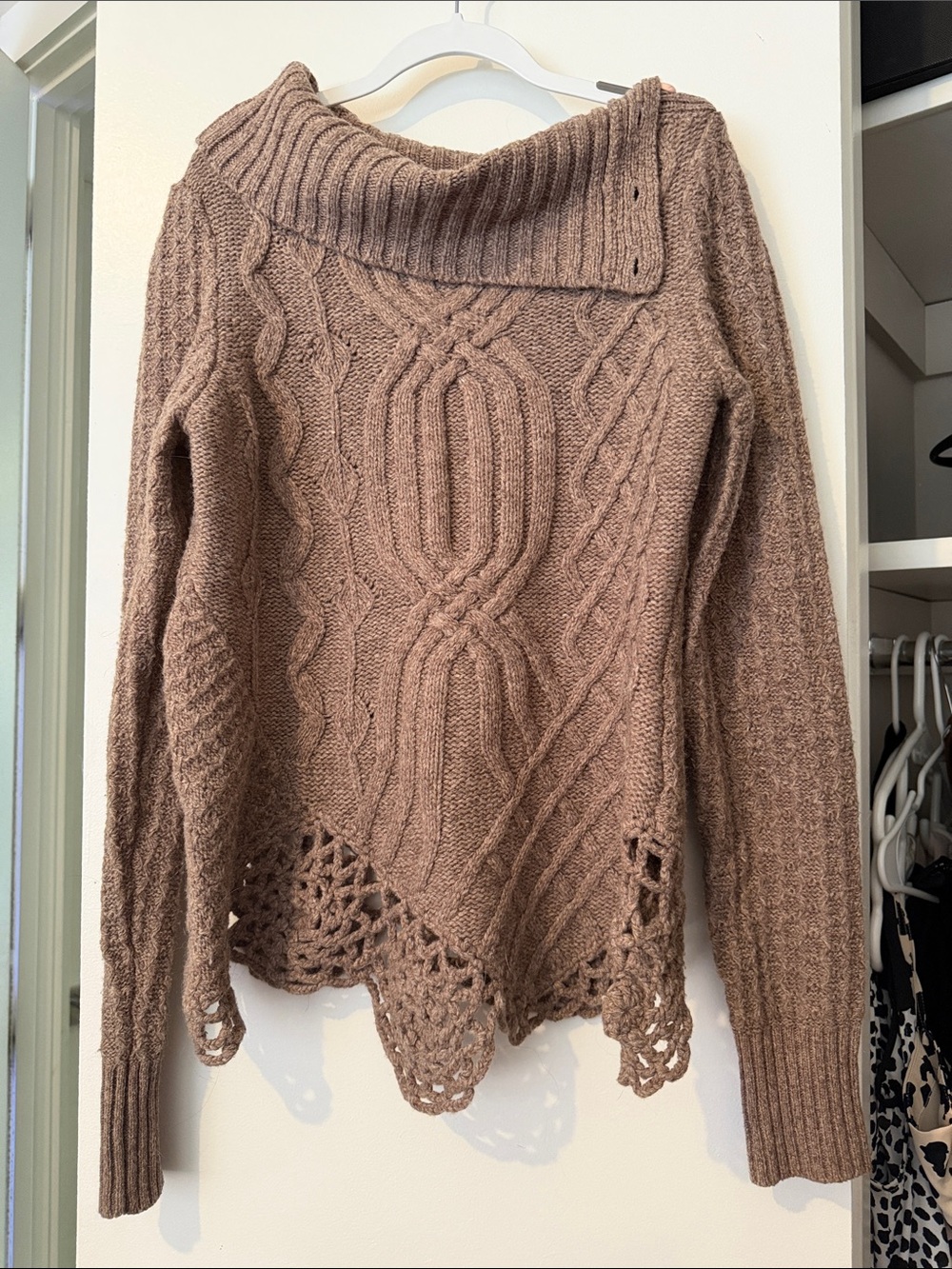 Moth Taupe Off-the-Shoulder Knit Sweater with Crochet Hem
